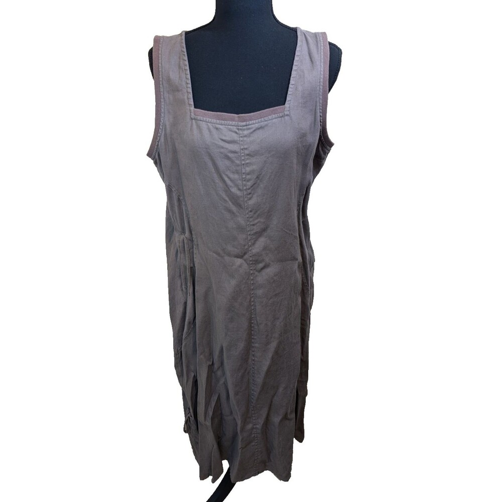 Ecru Midi Dress Square Neck 100% Linen Sleeveless Style A130-7528 Large